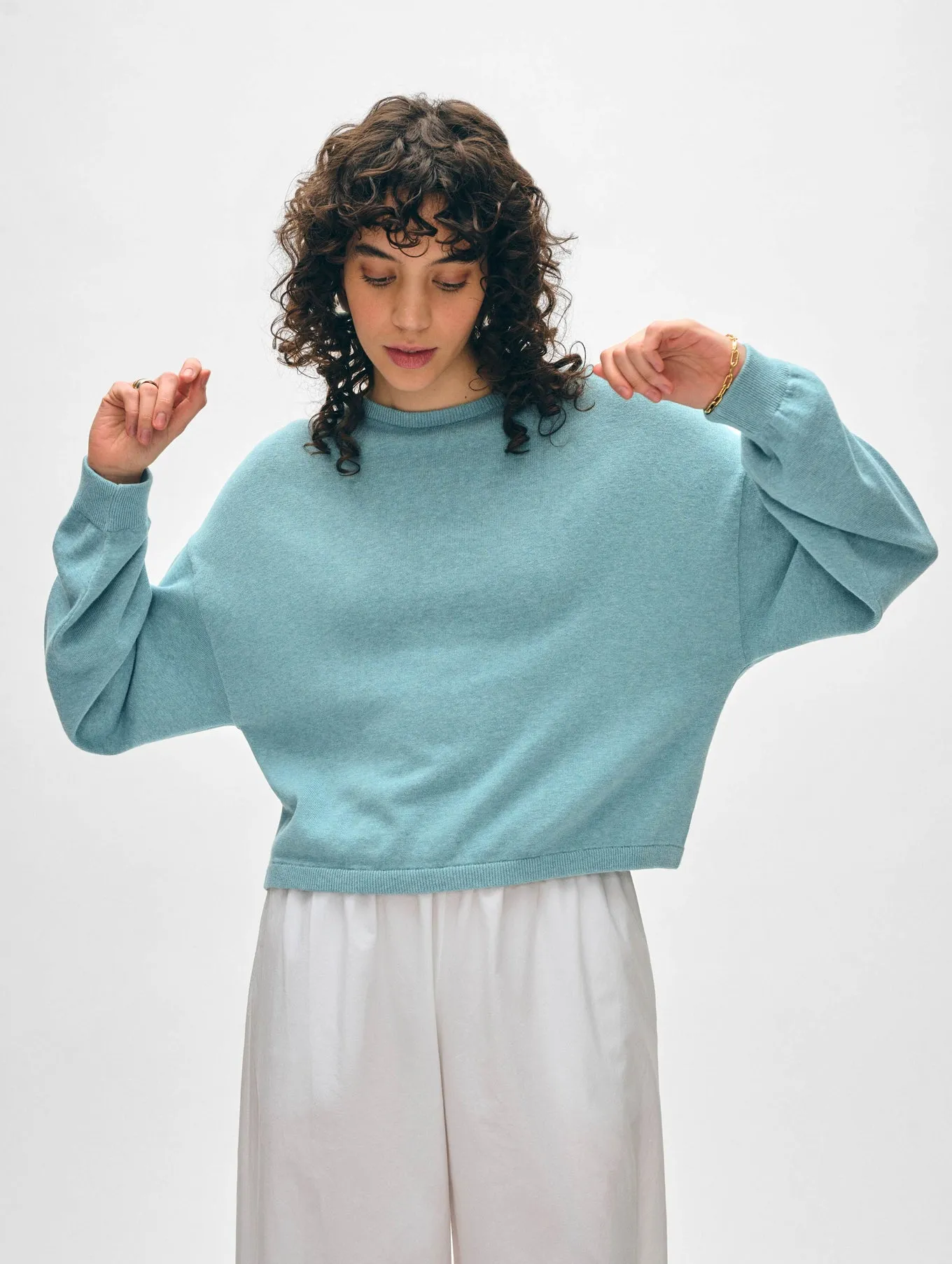 White   Warren - Cotton Blend Drop Shoulder Sweatshirt - Soft Aqua