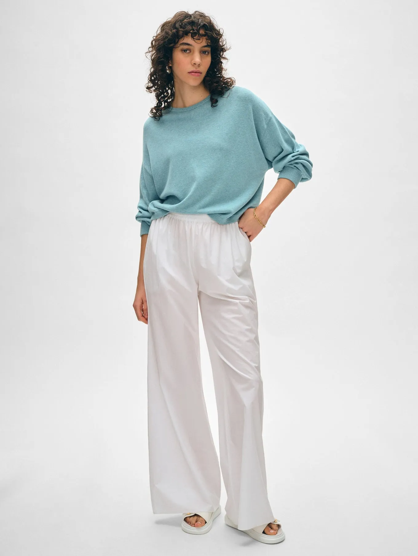 White   Warren - Cotton Blend Drop Shoulder Sweatshirt - Soft Aqua