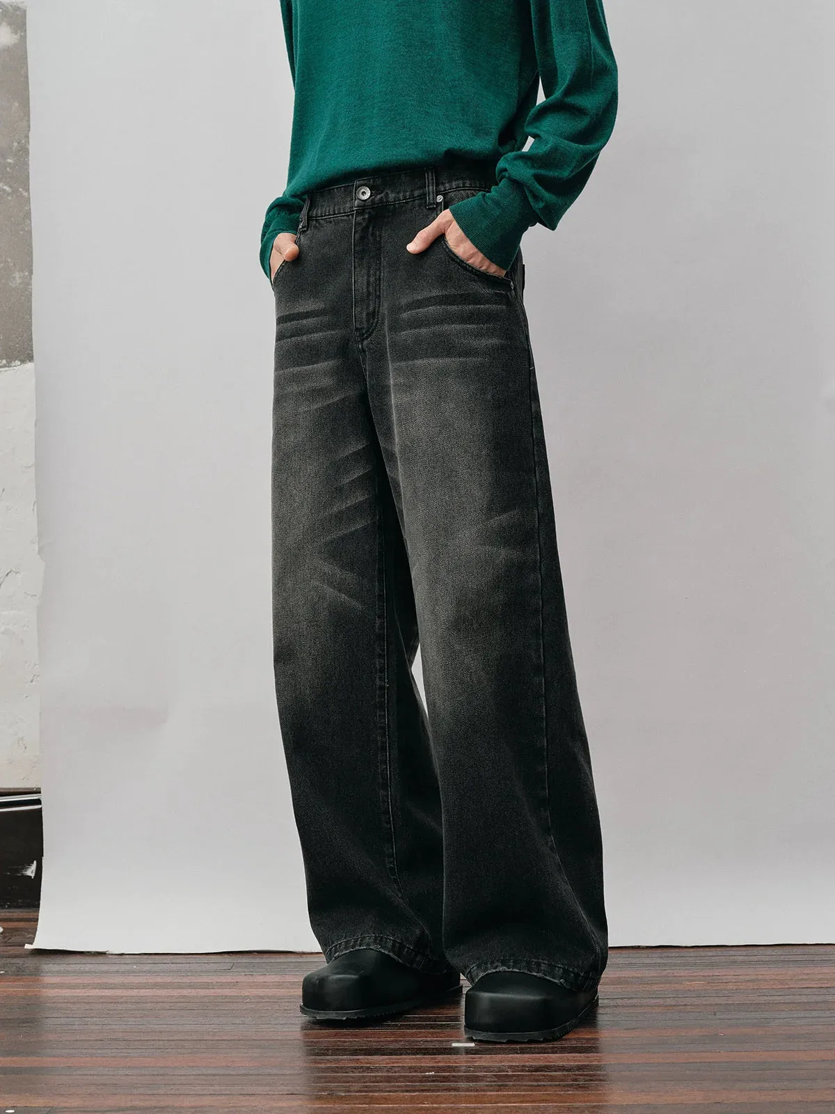 Wide-Leg Faded Denim Jeans