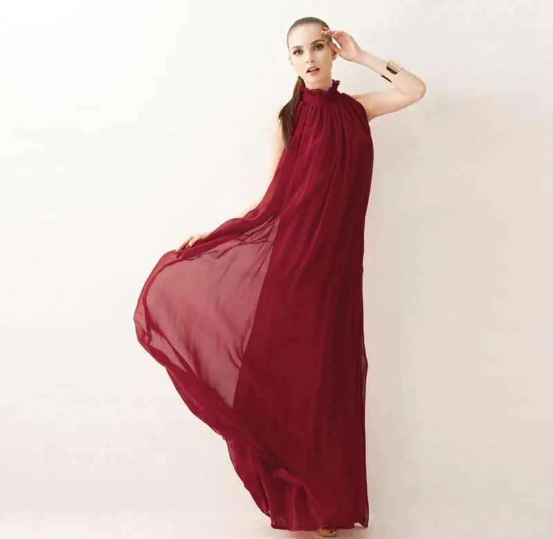 Women Dress Elegant Bohemian Beach Summer Dress Ultra Perfect Fairy Hang-Neck Maxi Dress Chiffon Halter Long Dress
