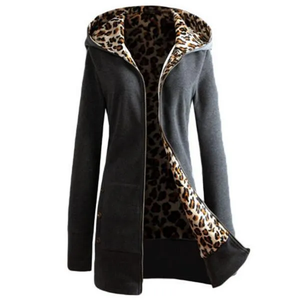 Women Leopard Fleece Zipper Hooded Warm Coat Female Thickening Slim Jacket Casual Outwear Plus Size Overcoat