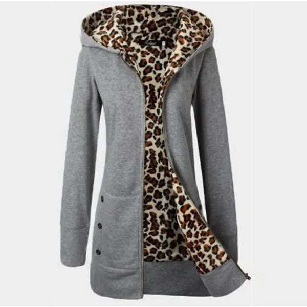 Women Leopard Fleece Zipper Hooded Warm Coat Female Thickening Slim Jacket Casual Outwear Plus Size Overcoat