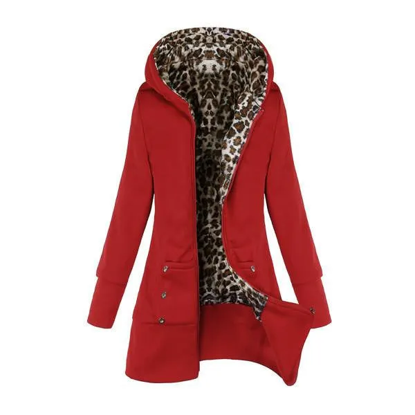 Women Leopard Fleece Zipper Hooded Warm Coat Female Thickening Slim Jacket Casual Outwear Plus Size Overcoat