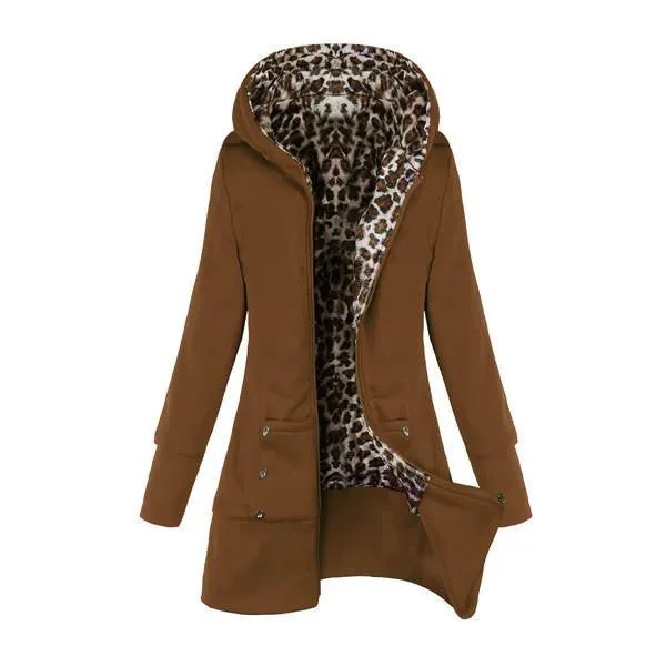 Women Leopard Fleece Zipper Hooded Warm Coat Female Thickening Slim Jacket Casual Outwear Plus Size Overcoat