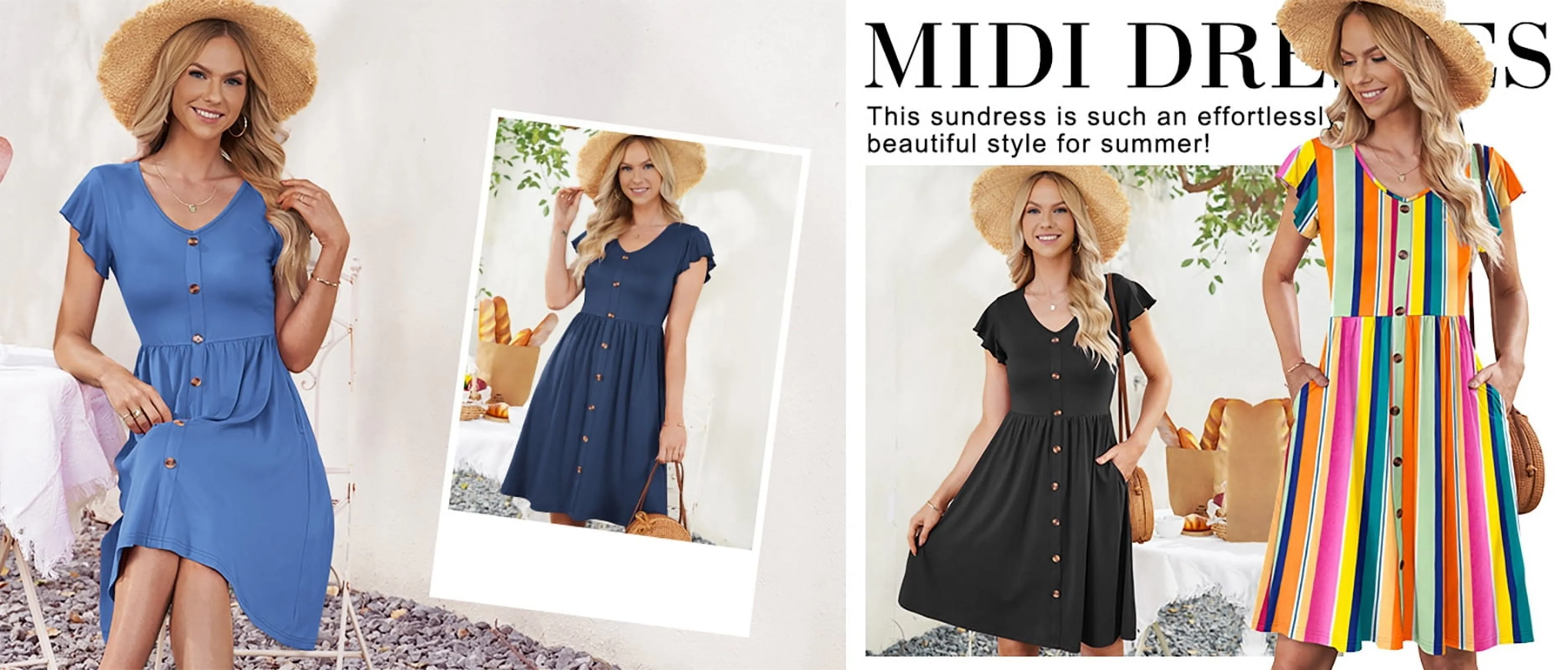 Women Summer Dresses V Neck Ruffle Sleeve Casual Flowy Sundresses Button Floral Midi Dress with Pockets