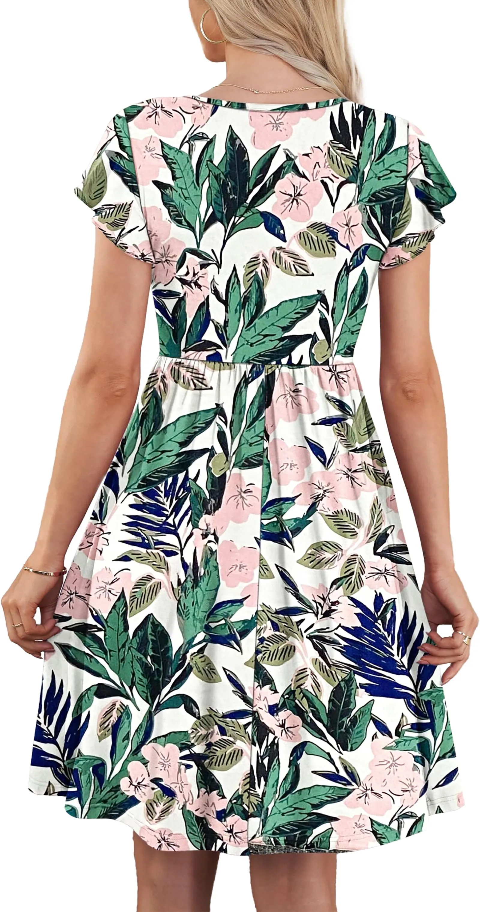 Women Summer Dresses V Neck Ruffle Sleeve Casual Flowy Sundresses Button Floral Midi Dress with Pockets