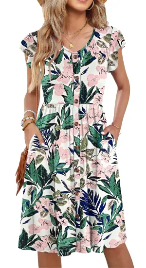 Women Summer Dresses V Neck Ruffle Sleeve Casual Flowy Sundresses Button Floral Midi Dress with Pockets