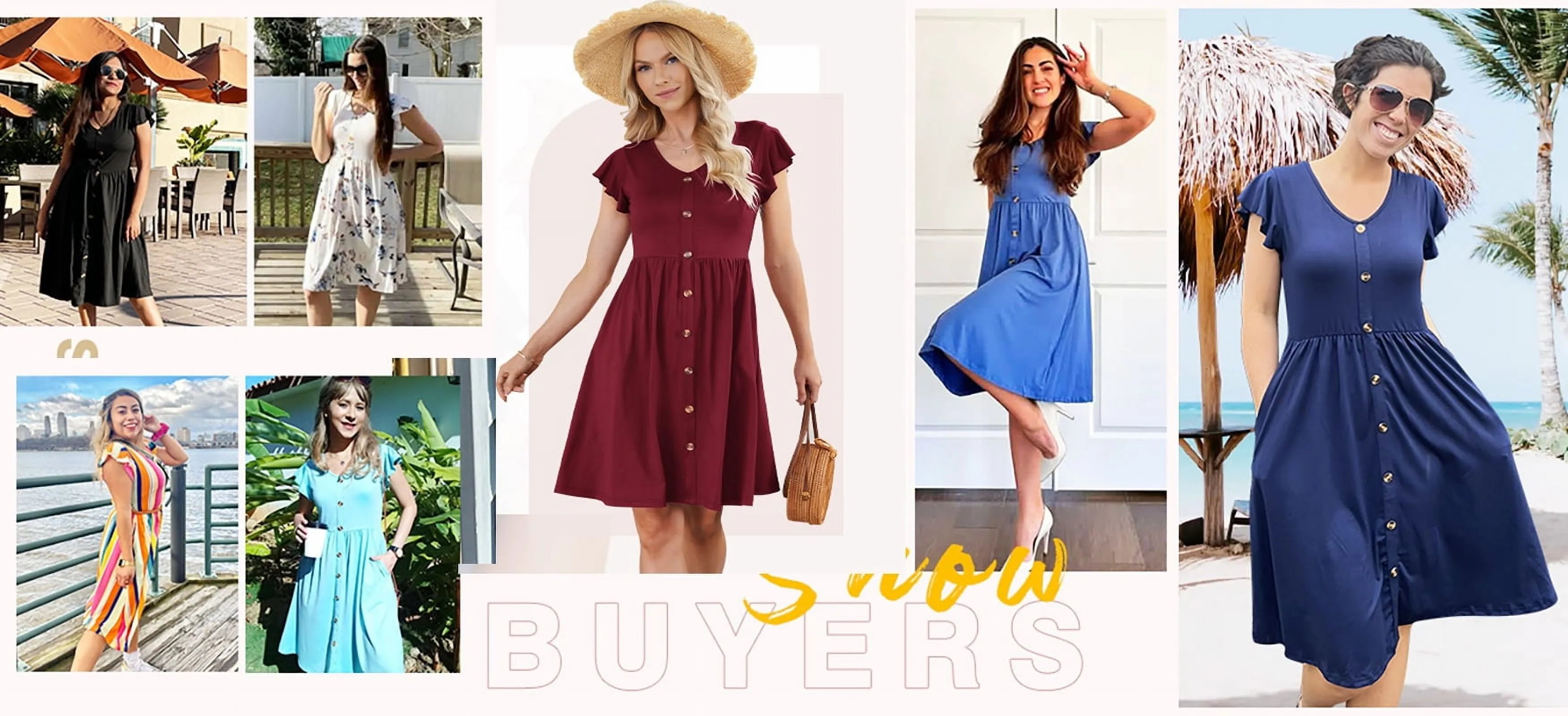 Women Summer Dresses V Neck Ruffle Sleeve Casual Flowy Sundresses Button Floral Midi Dress with Pockets
