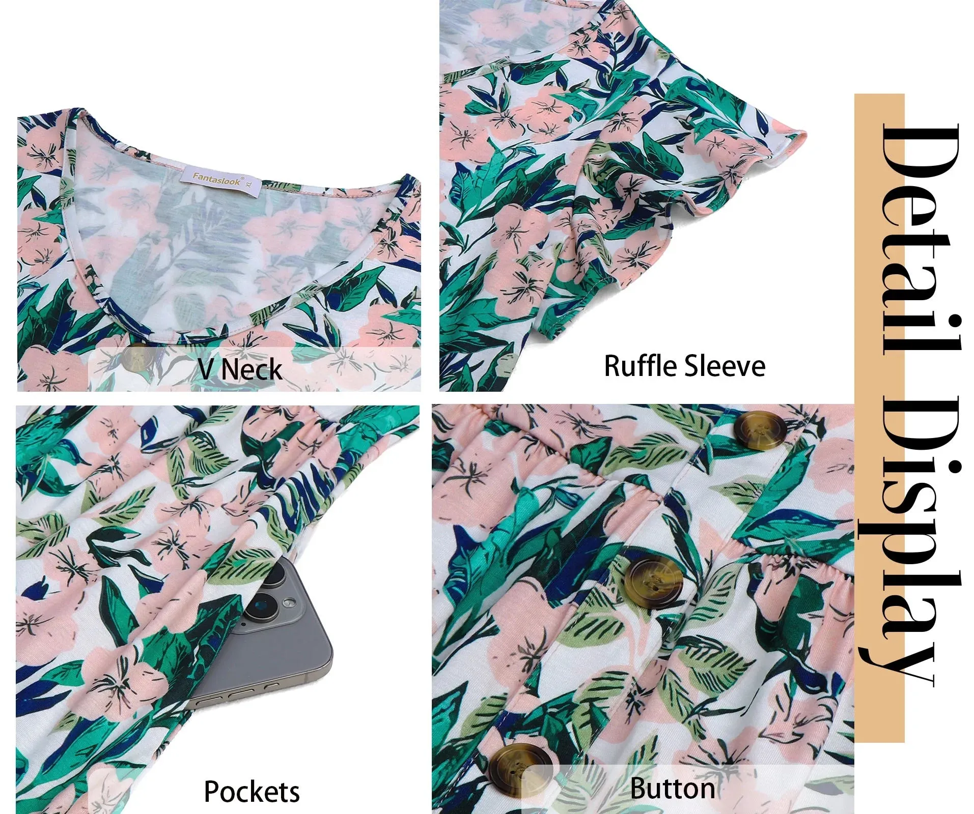 Women Summer Dresses V Neck Ruffle Sleeve Casual Flowy Sundresses Button Floral Midi Dress with Pockets