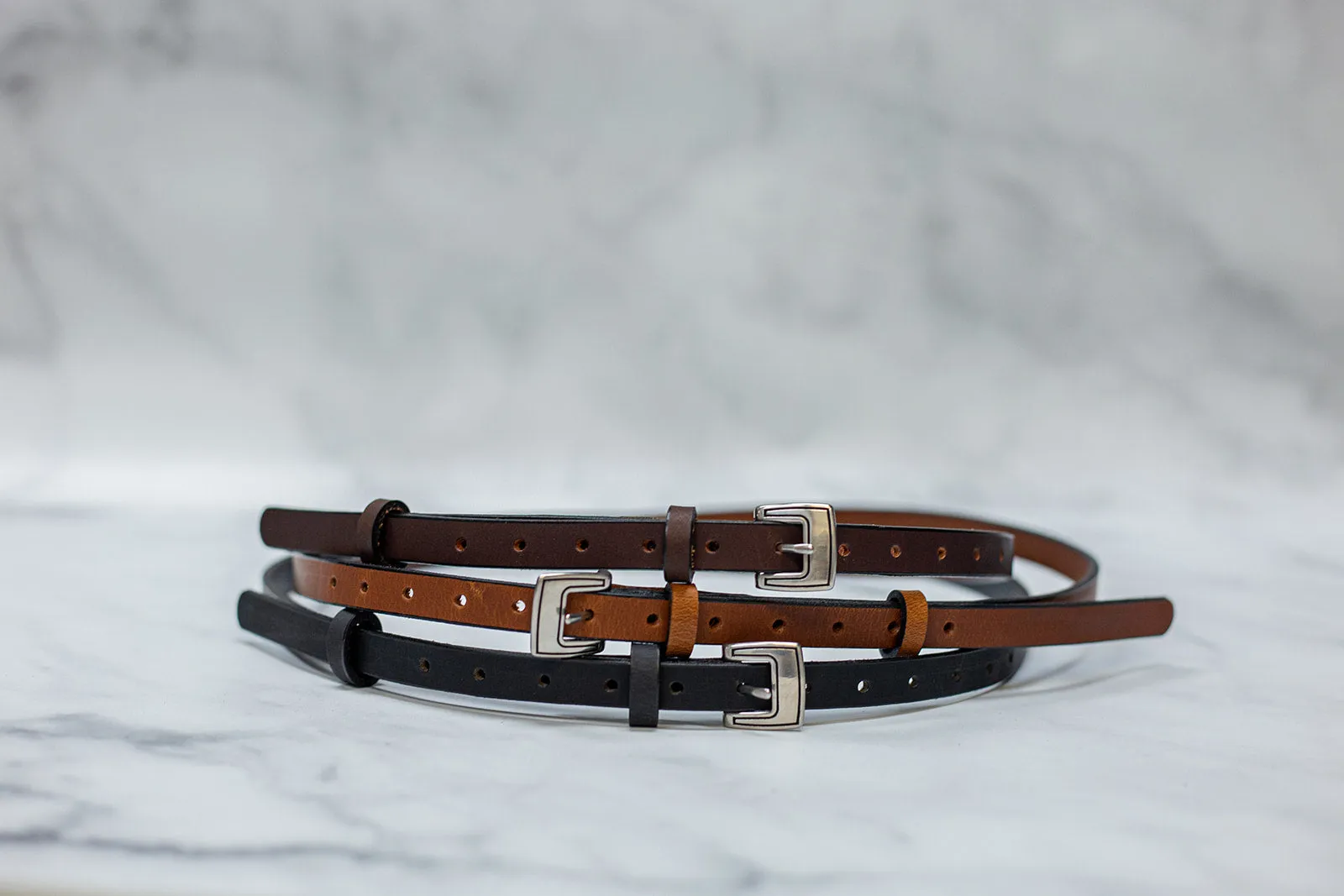 Womens 1/2" Leather Skinny Belt, Square Buckle [Quick Ship]