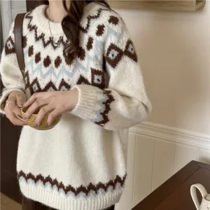 Women's Cozy Broderie Knit Sweater in Retro Style