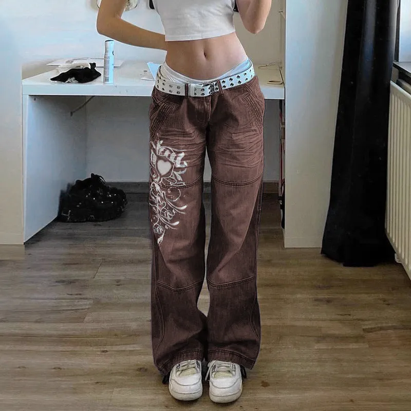 Women's High Waist Loose Fitting Jeans with Decorative Graphic