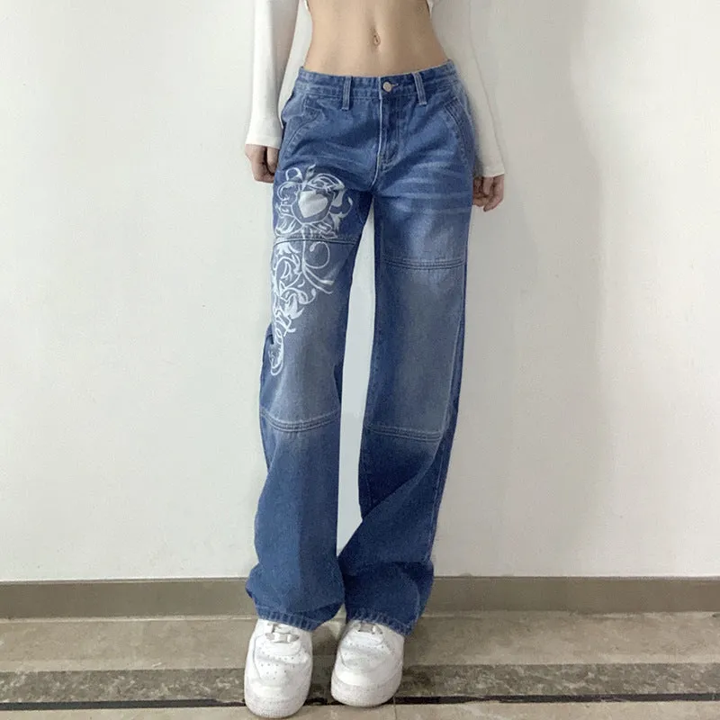 Women's High Waist Loose Fitting Jeans with Decorative Graphic