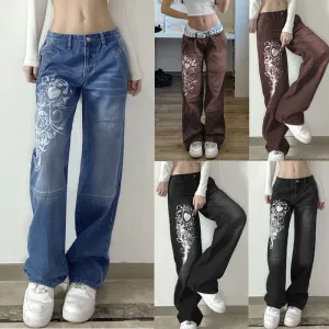 Women's High Waist Loose Fitting Jeans with Decorative Graphic