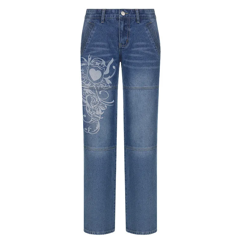 Women's High Waist Loose Fitting Jeans with Decorative Graphic