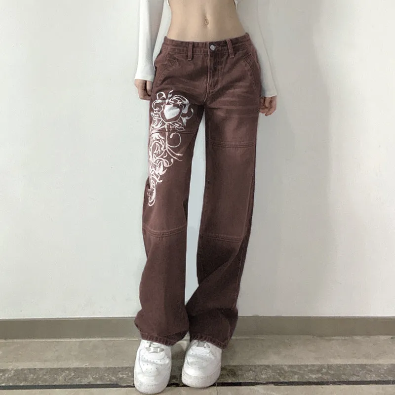 Women's High Waist Loose Fitting Jeans with Decorative Graphic