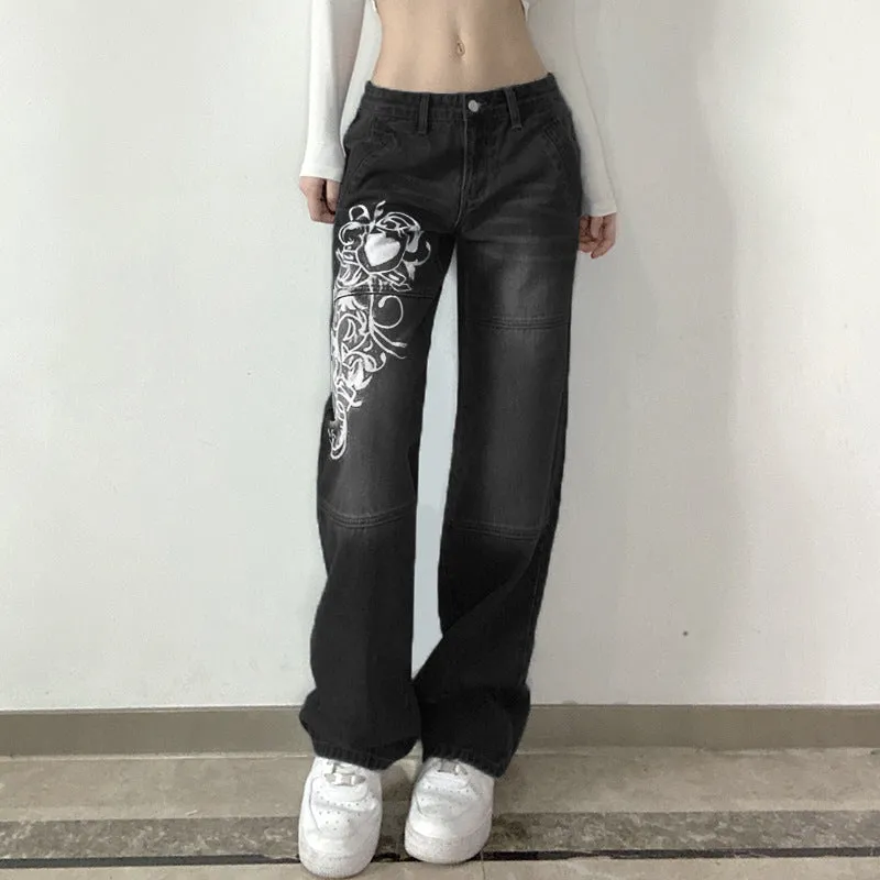 Women's High Waist Loose Fitting Jeans with Decorative Graphic