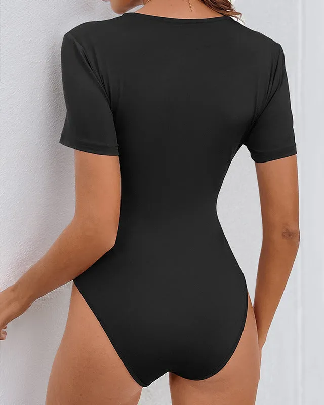 Women's Lace Trim Bodysuit | Short Sleeve V-Neck Slim Fit