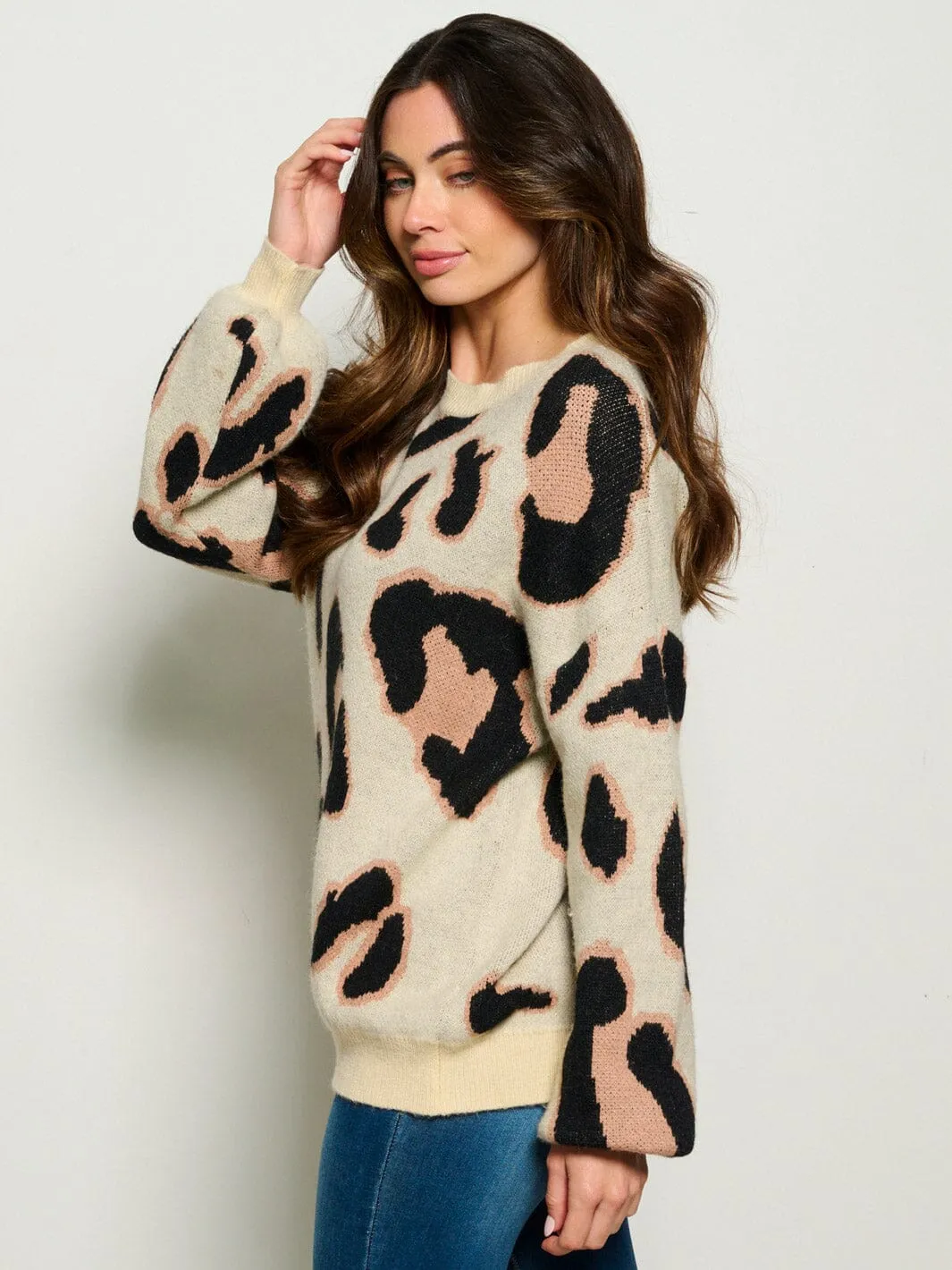 WOMEN'S LONG SLEEVE ANIMAL PRINT PULLOVER SWEATER