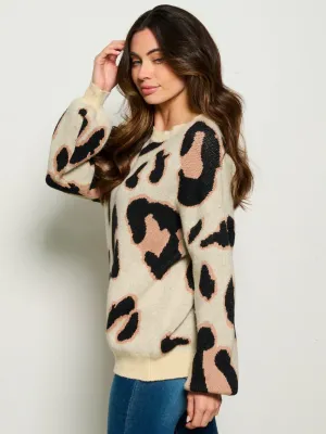 WOMEN'S LONG SLEEVE ANIMAL PRINT PULLOVER SWEATER