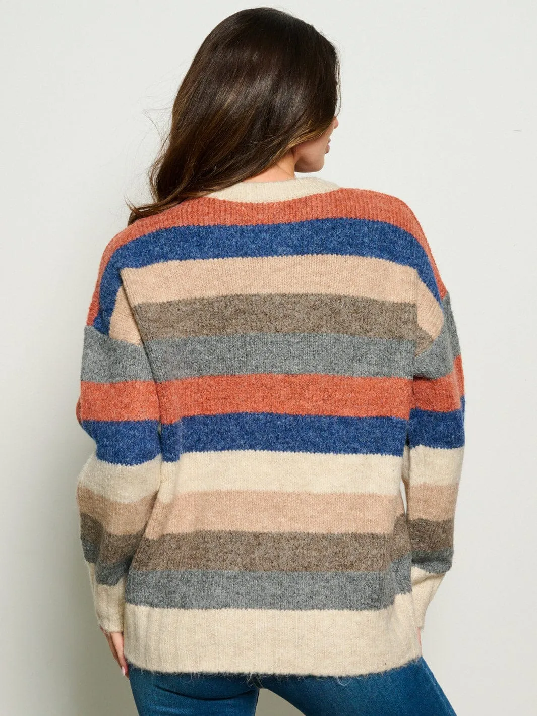 WOMEN'S LONG SLEEVE COLORBLOCK STRIPES PULLOVER SWEATER