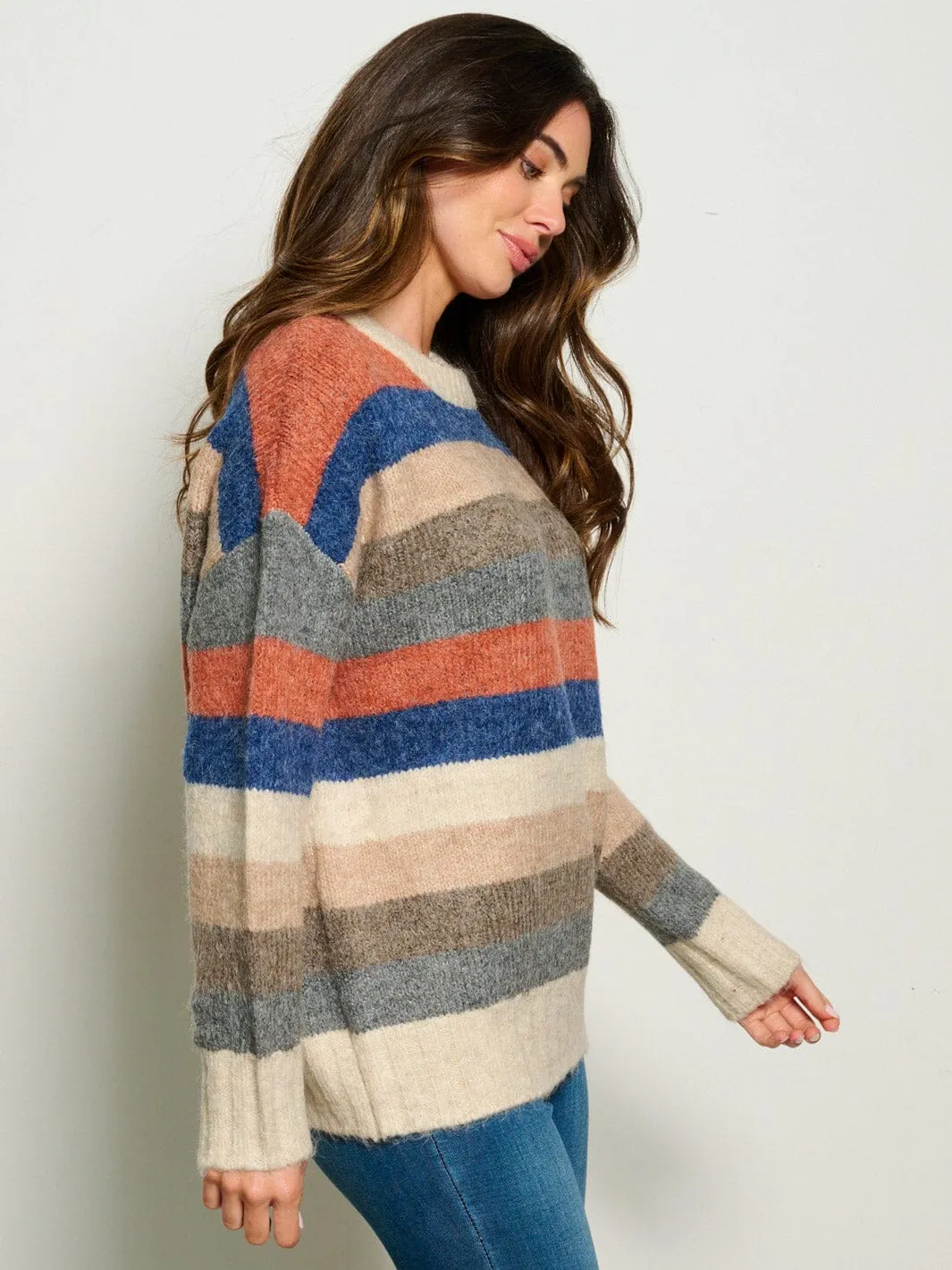 WOMEN'S LONG SLEEVE COLORBLOCK STRIPES PULLOVER SWEATER