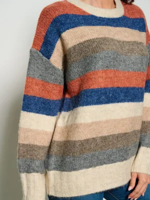 WOMEN'S LONG SLEEVE COLORBLOCK STRIPES PULLOVER SWEATER