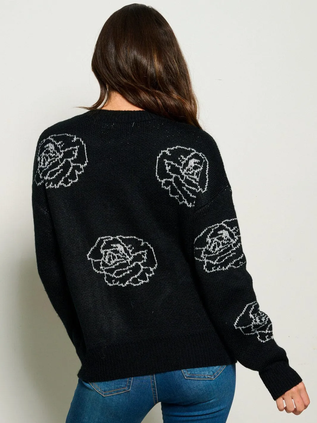WOMEN'S LONG SLEEVE FLOWER PRINT PULLOVER SWEATER