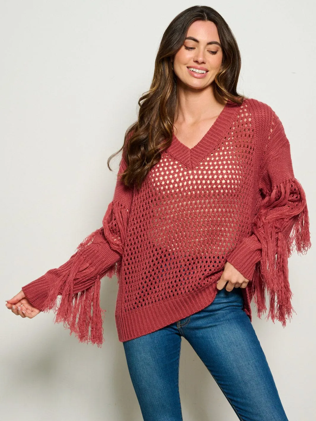 WOMEN'S LONG SLEEVE FRINGE TIERED KNIT PULLOVER SWEATER