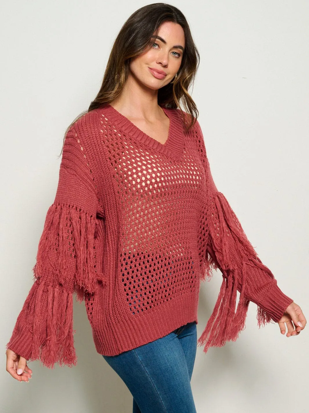 WOMEN'S LONG SLEEVE FRINGE TIERED KNIT PULLOVER SWEATER
