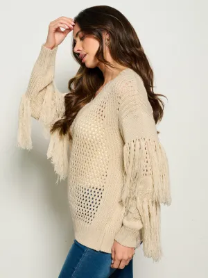 WOMEN'S LONG SLEEVE FRINGE TIERED KNIT PULLOVER SWEATER