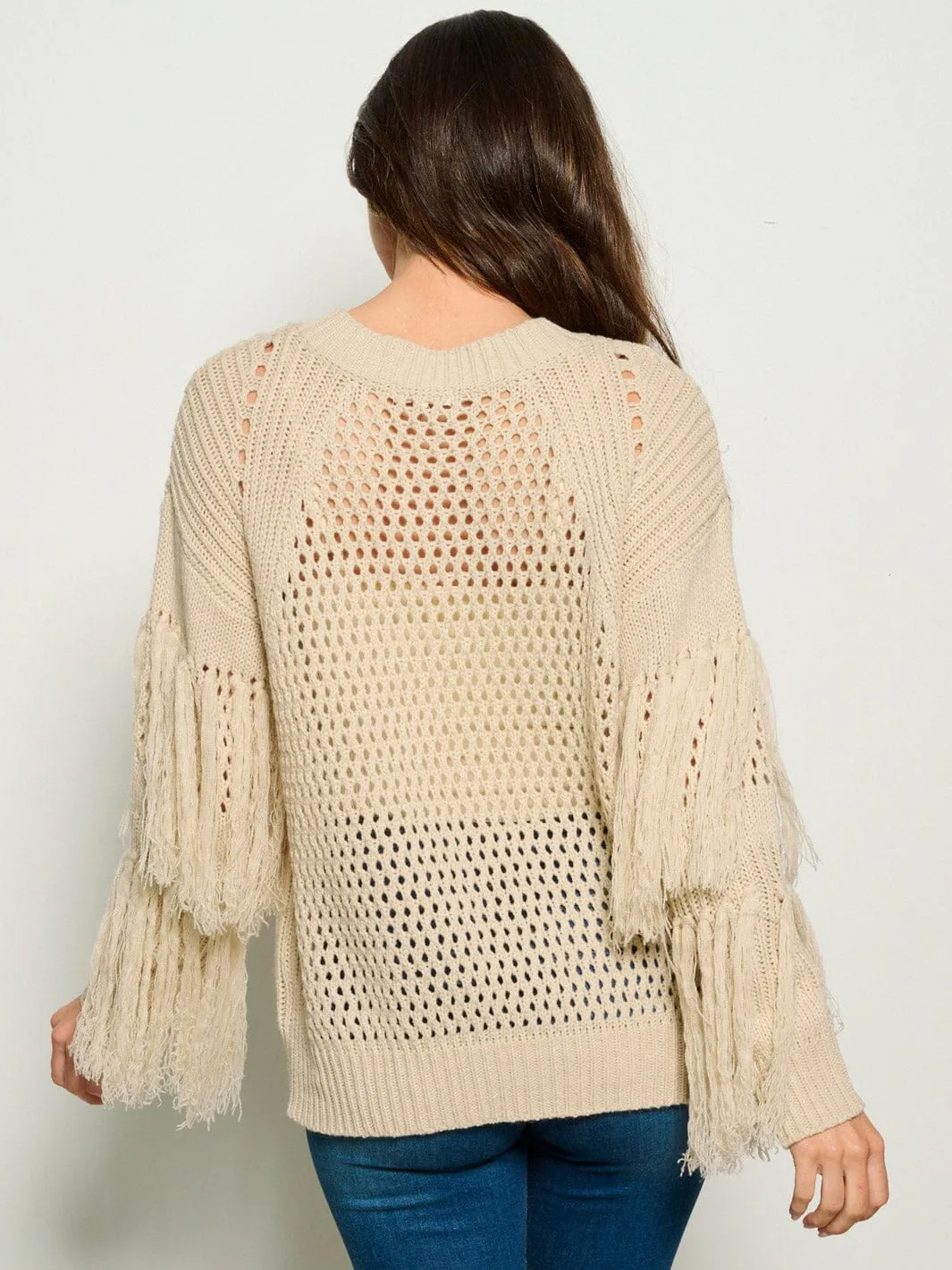 WOMEN'S LONG SLEEVE FRINGE TIERED KNIT PULLOVER SWEATER