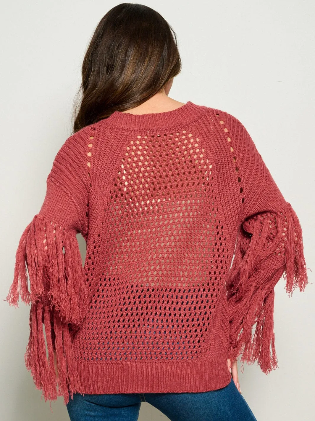 WOMEN'S LONG SLEEVE FRINGE TIERED KNIT PULLOVER SWEATER
