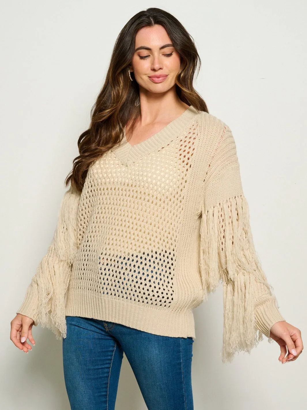 WOMEN'S LONG SLEEVE FRINGE TIERED KNIT PULLOVER SWEATER