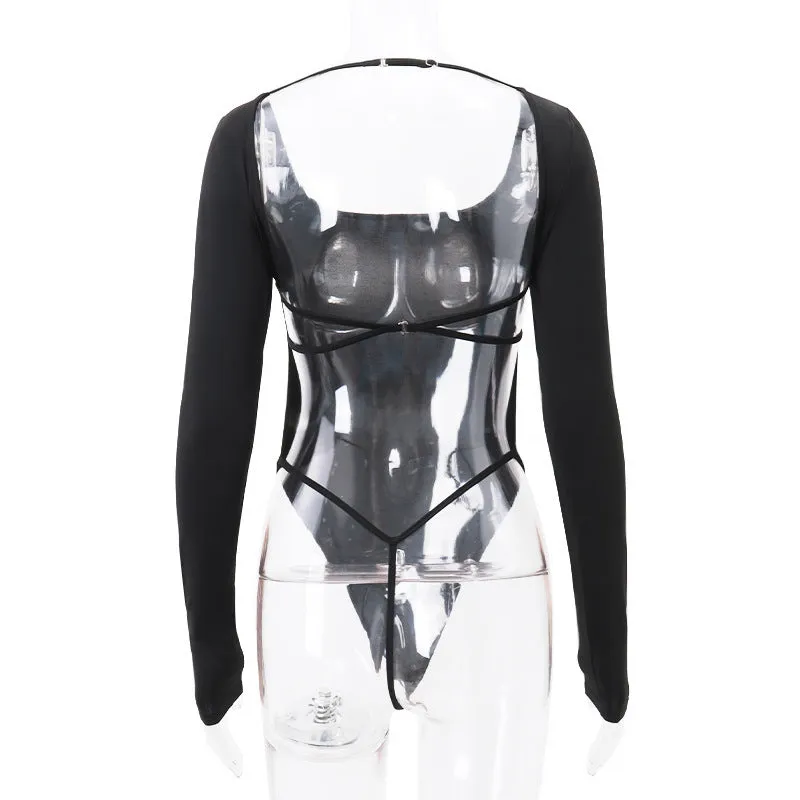 Women's New Sexy Hot Girl U-neck Hollow Out Elegant Slim Fit Long Sleeve Bodysuit C-240527-9