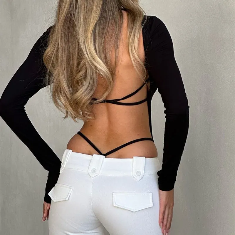Women's New Sexy Hot Girl U-neck Hollow Out Elegant Slim Fit Long Sleeve Bodysuit C-240527-9