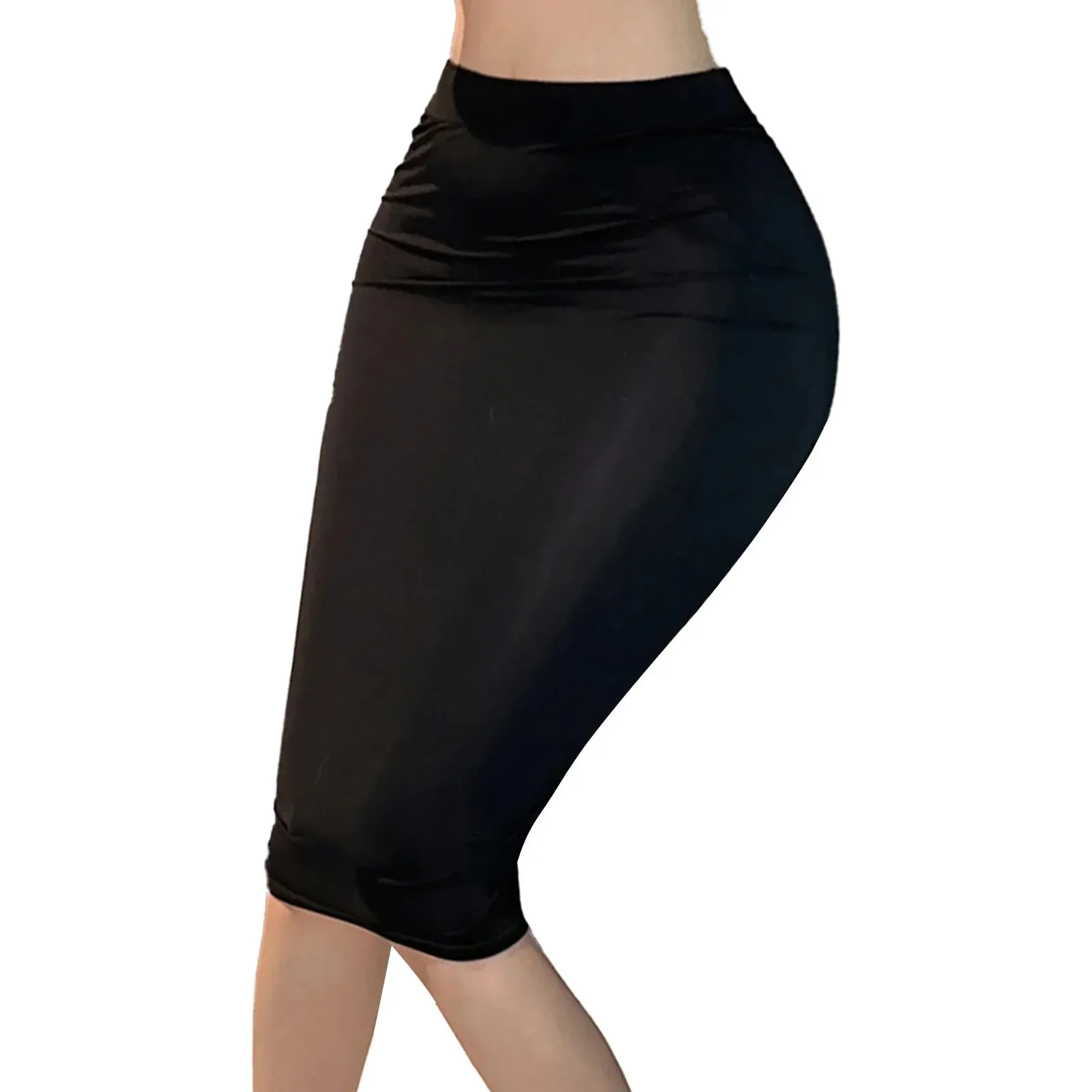 Womens Nightclub Skirts Costume Semi See Through Bodycon Skirt Solid Color High Waist Elastic Waistband Keen Length Skirts