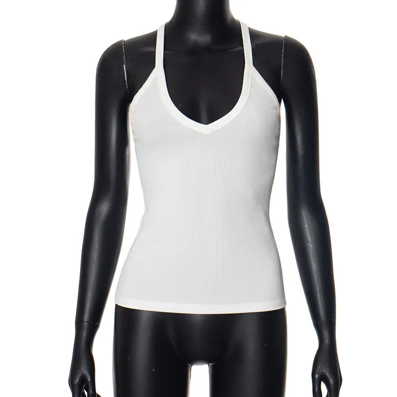 Women's Summer New Solid Color Halter Backless Vest Top T-shirt, Beach Tank Slim Fit C-240329-3