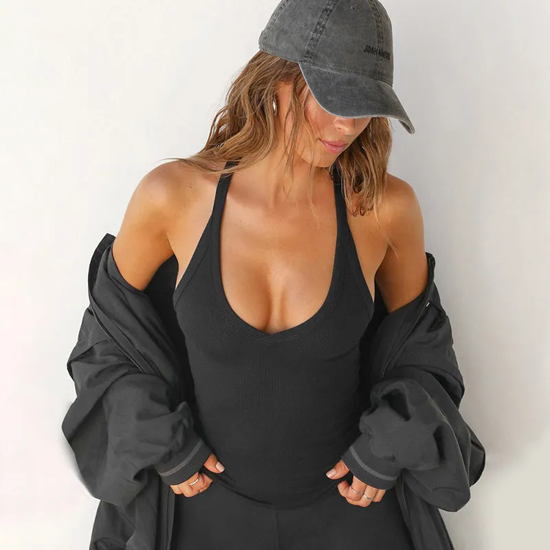 Women's Summer New Solid Color Halter Backless Vest Top T-shirt, Beach Tank Slim Fit C-240329-3
