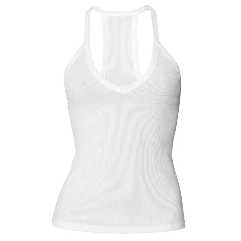 Women's Summer New Solid Color Halter Backless Vest Top T-shirt, Beach Tank Slim Fit C-240329-3