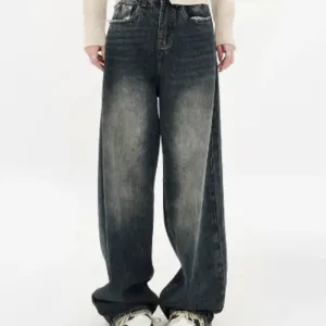 Y2K Washed Blue Loose Jeans for Urban Fashion Enthusiasts