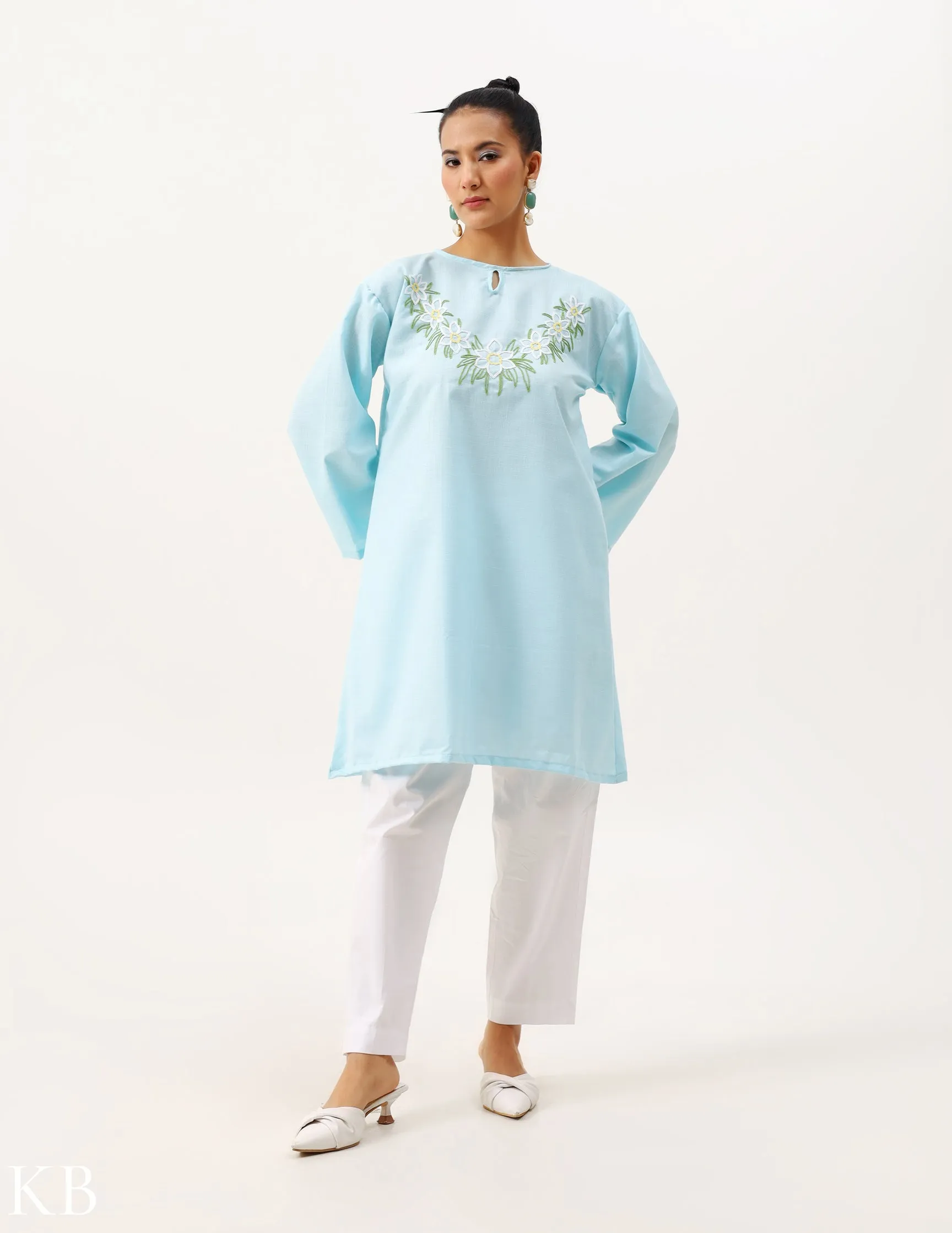 Yemberzal Artisanal Aari Fresh Air Blue Boxy Fit Cotton Tunic