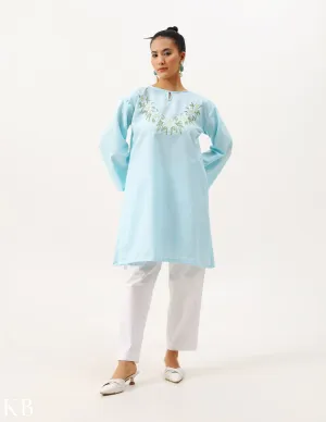 Yemberzal Artisanal Aari Fresh Air Blue Boxy Fit Cotton Tunic
