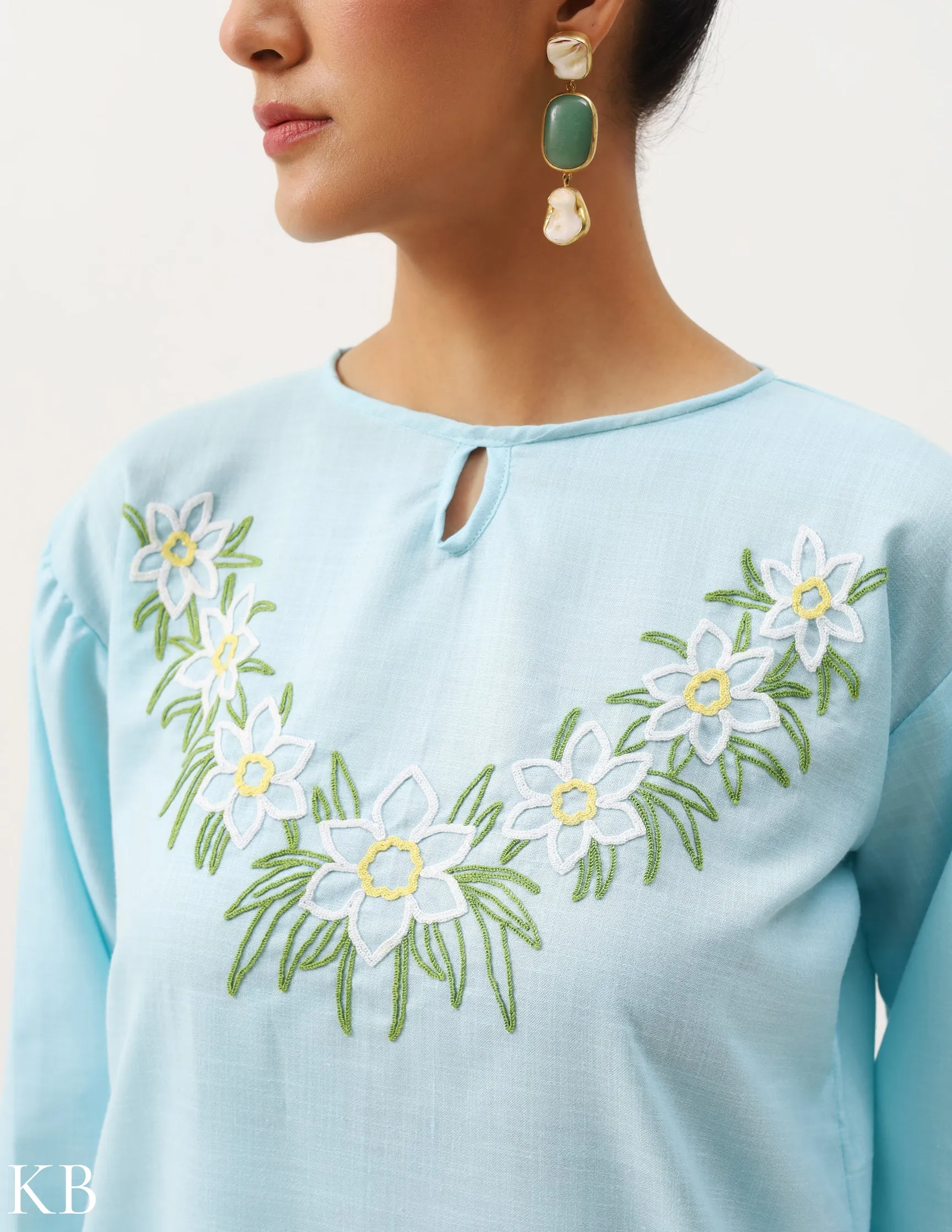 Yemberzal Artisanal Aari Fresh Air Blue Boxy Fit Cotton Tunic