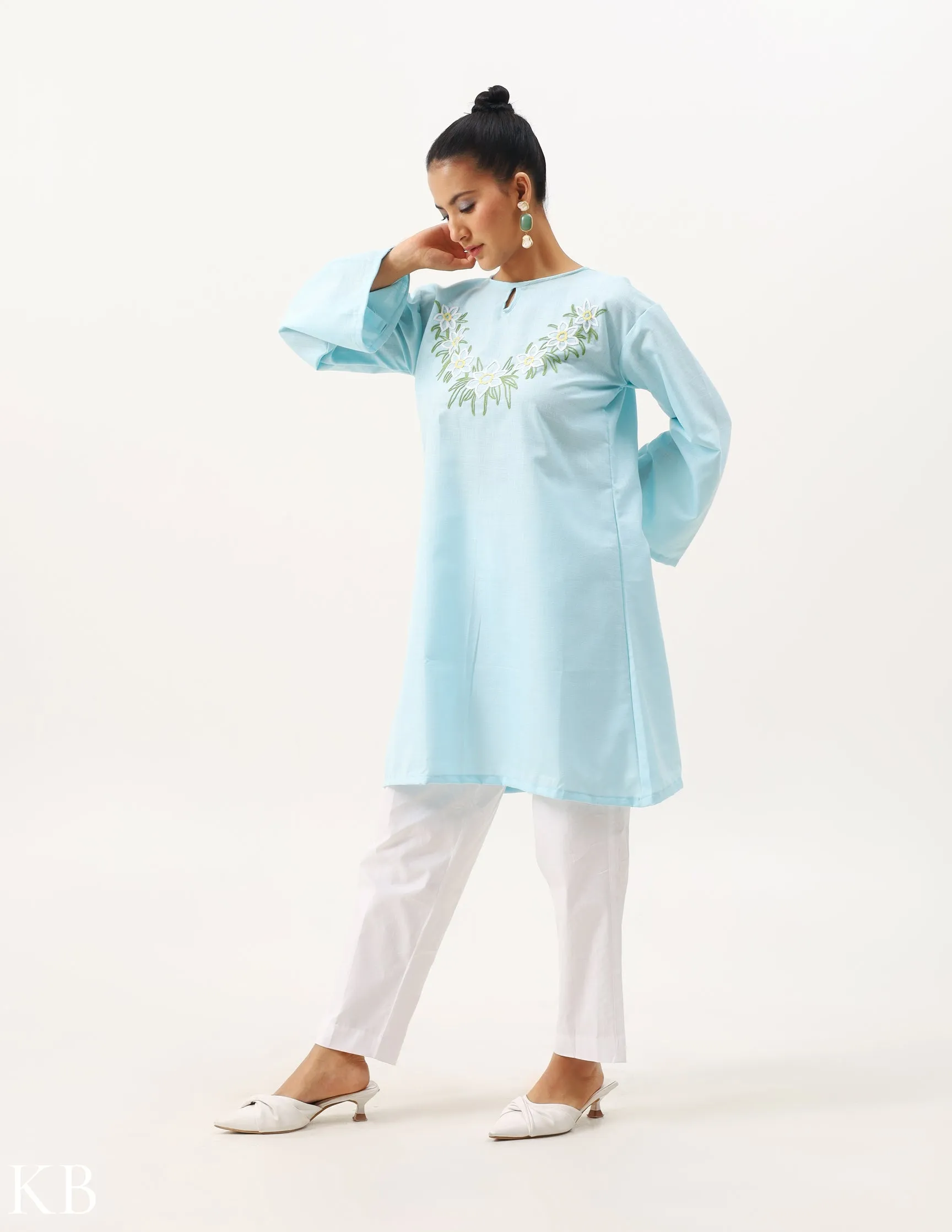 Yemberzal Artisanal Aari Fresh Air Blue Boxy Fit Cotton Tunic