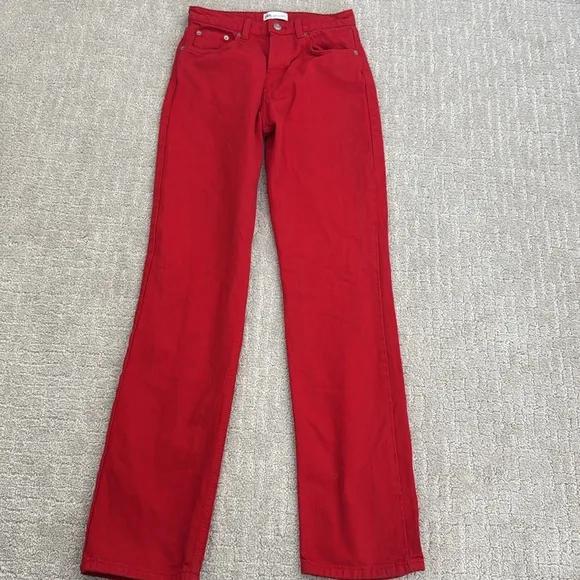 ZARA Red Wide Leg Full Length baggy Jeans straight leg loose fit 90s burgundy