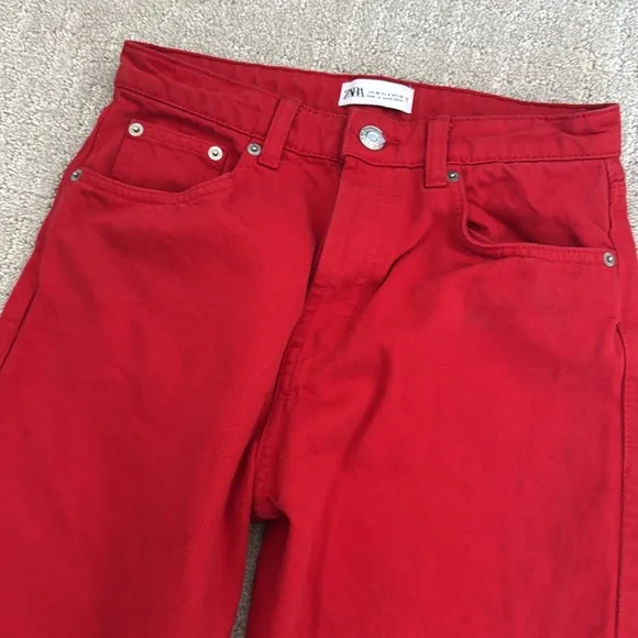 ZARA Red Wide Leg Full Length baggy Jeans straight leg loose fit 90s burgundy