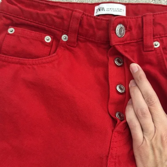 ZARA Red Wide Leg Full Length baggy Jeans straight leg loose fit 90s burgundy