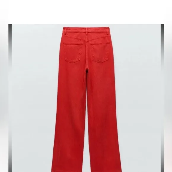 ZARA Red Wide Leg Full Length baggy Jeans straight leg loose fit 90s burgundy